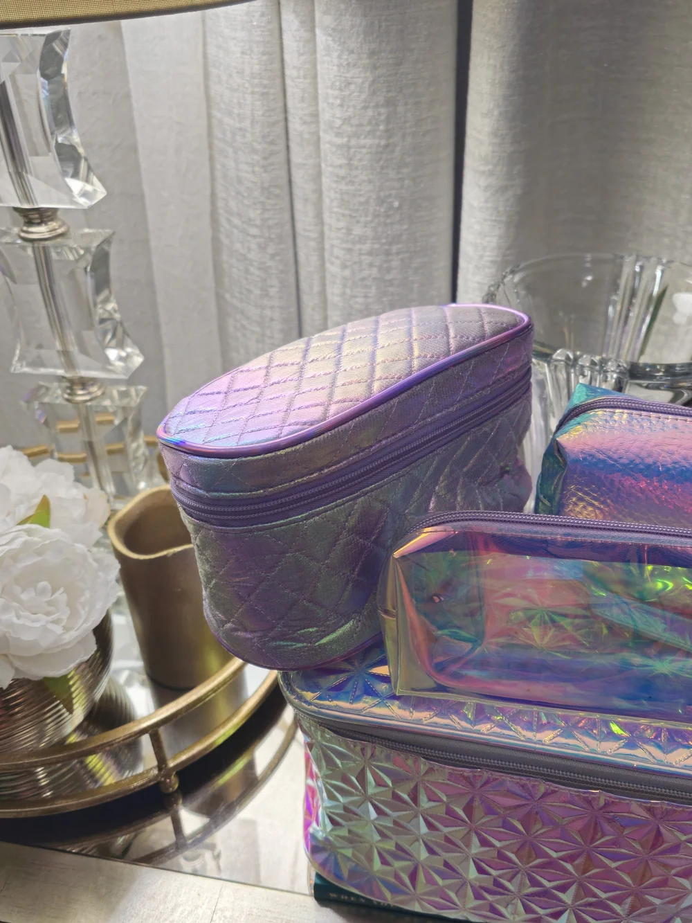 Holographic Iridescent Cosmetic Bag Set - Pink / Purple / Green